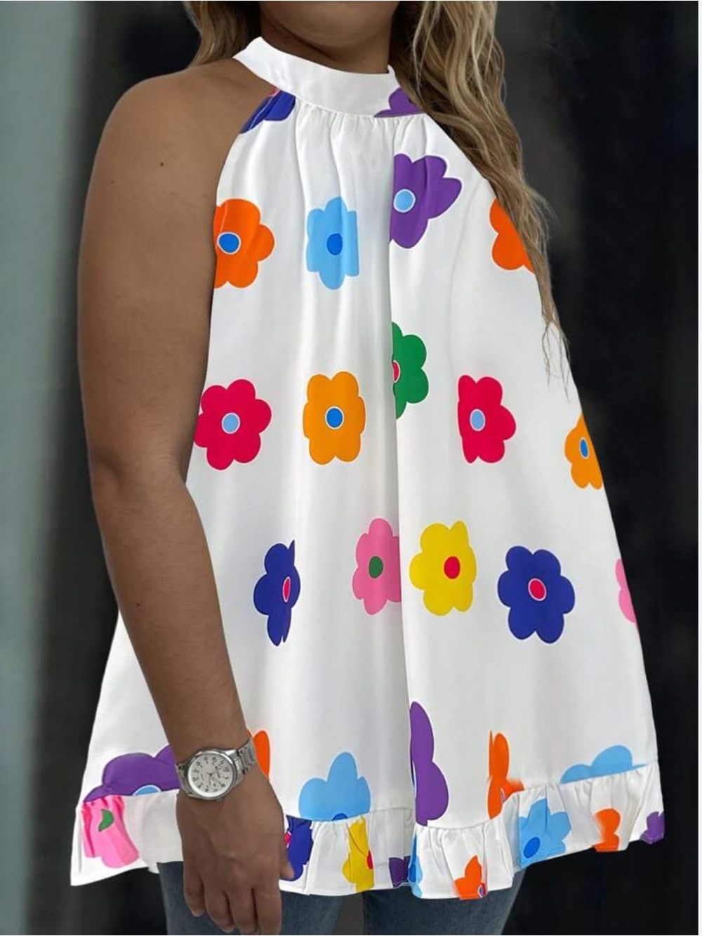 White Halter Floral Swing Tunic - Bright Multicolor Flowers